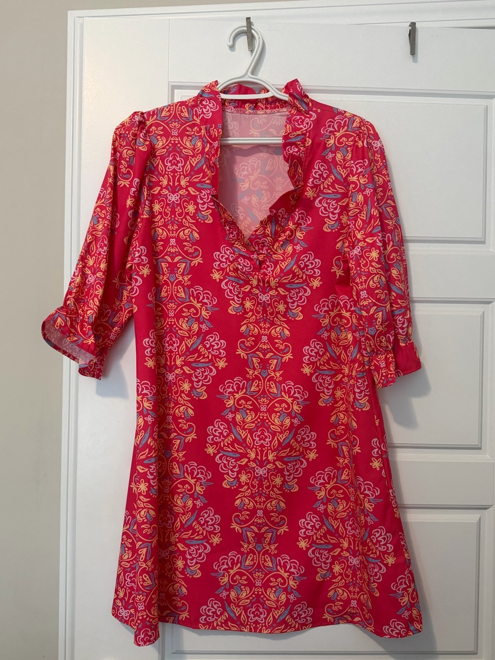 Bright Pink Floral V-Neck Shift Dress